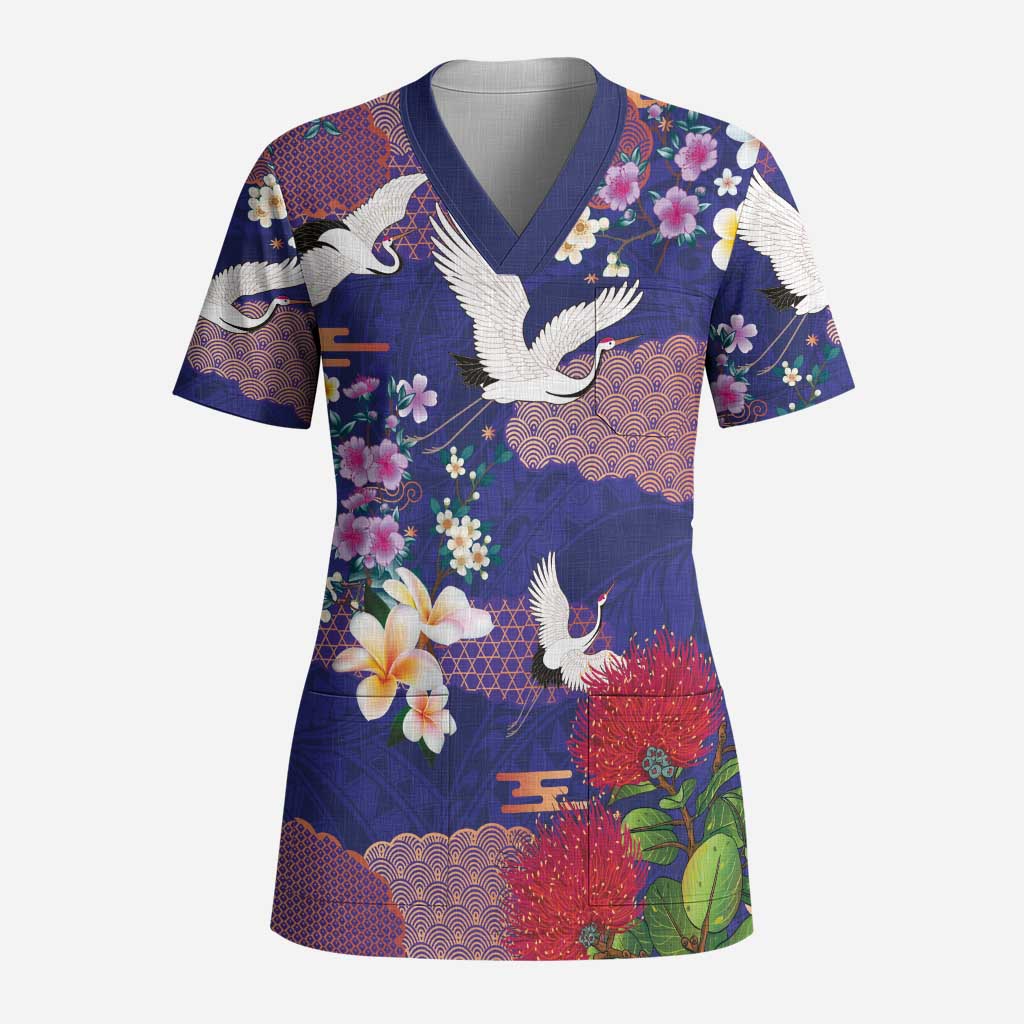 Hawaiian and Japanese Culture Together Scrub Top Blue Ohia Lehua Plumeria and Sakura Blooming - Polynesian Pride