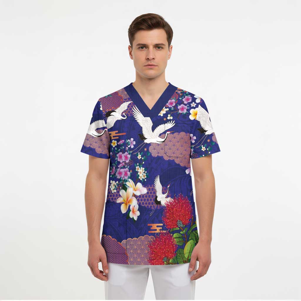 Hawaiian and Japanese Culture Together Scrub Top Blue Ohia Lehua Plumeria and Sakura Blooming - Polynesian Pride