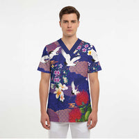 Hawaiian and Japanese Culture Together Scrub Top Blue Ohia Lehua Plumeria and Sakura Blooming - Polynesian Pride