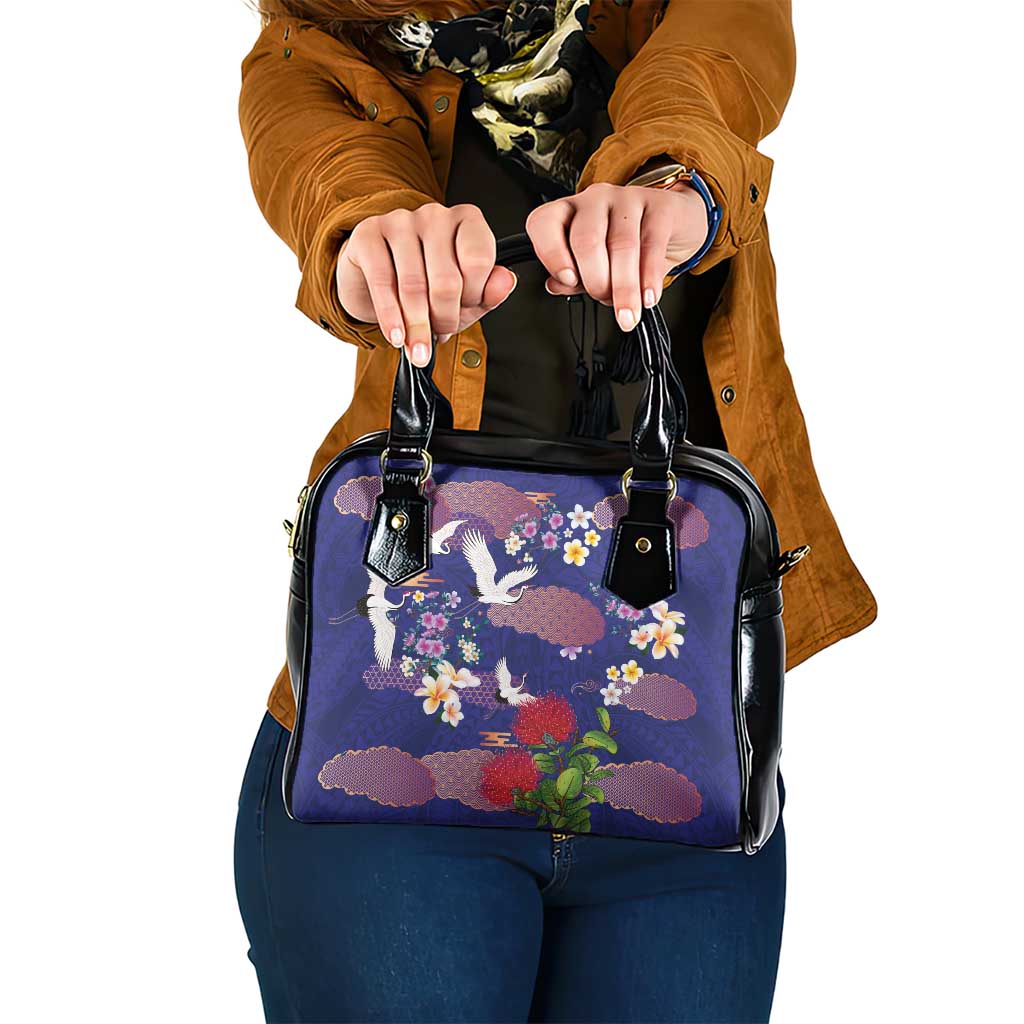 Hawaiian and Japanese Culture Together Shoulder Handbag Blue Ohia Lehua Plumeria and Sakura Blooming - Polynesian Pride