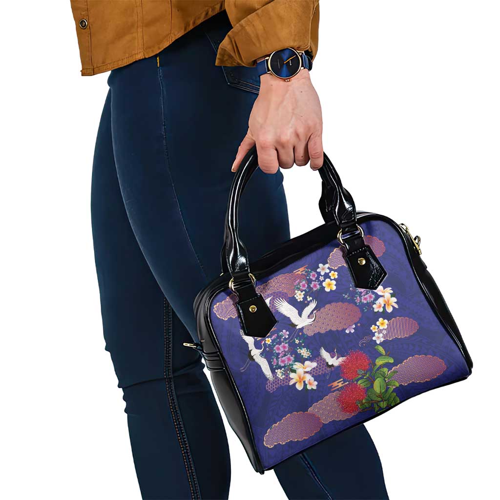 Hawaiian and Japanese Culture Together Shoulder Handbag Blue Ohia Lehua Plumeria and Sakura Blooming - Polynesian Pride
