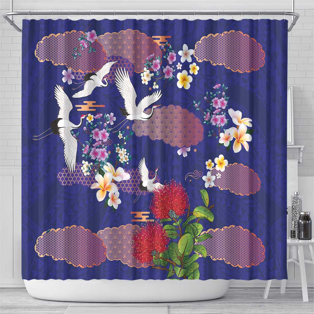 Hawaiian and Japanese Culture Together Shower Curtain Blue Ohia Lehua Plumeria and Sakura Blooming - Polynesian Pride