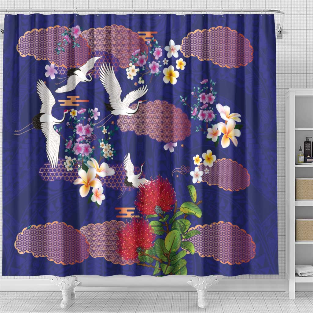 Hawaiian and Japanese Culture Together Shower Curtain Blue Ohia Lehua Plumeria and Sakura Blooming - Polynesian Pride