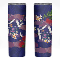 Hawaiian and Japanese Culture Together Skinny Tumbler Blue Ohia Lehua Plumeria and Sakura Blooming - Polynesian Pride