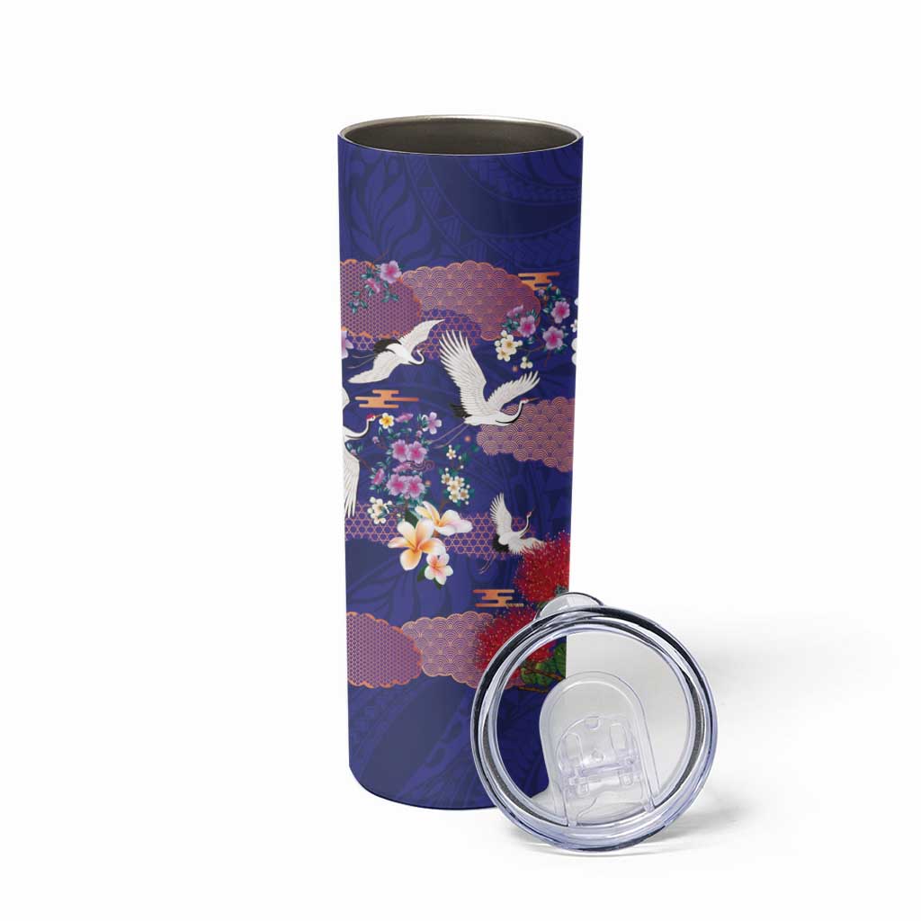 Hawaiian and Japanese Culture Together Skinny Tumbler Blue Ohia Lehua Plumeria and Sakura Blooming - Polynesian Pride