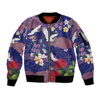 Hawaiian and Japanese Culture Together Sleeve Zip Bomber Jacket Blue Ohia Lehua Plumeria and Sakura Blooming - Polynesian Pride