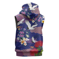 Hawaiian and Japanese Culture Together Sleeveless Hoodie Blue Ohia Lehua Plumeria and Sakura Blooming - Polynesian Pride
