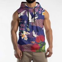 Hawaiian and Japanese Culture Together Sleeveless Hoodie Blue Ohia Lehua Plumeria and Sakura Blooming - Polynesian Pride