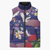 Hawaiian and Japanese Culture Together Sleeveless Puffer Jacket Blue Ohia Lehua Plumeria and Sakura Blooming - Polynesian Pride