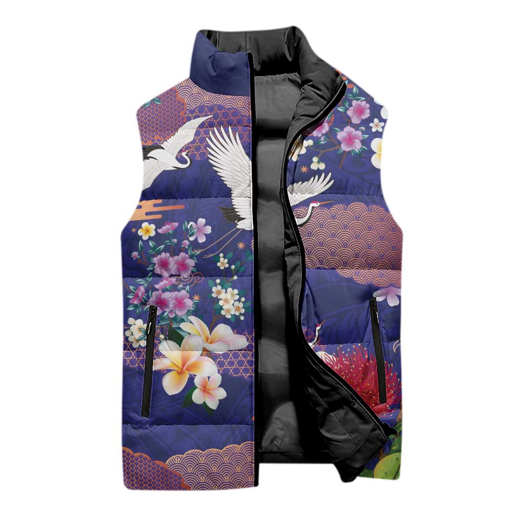 Hawaiian and Japanese Culture Together Sleeveless Puffer Jacket Blue Ohia Lehua Plumeria and Sakura Blooming - Polynesian Pride