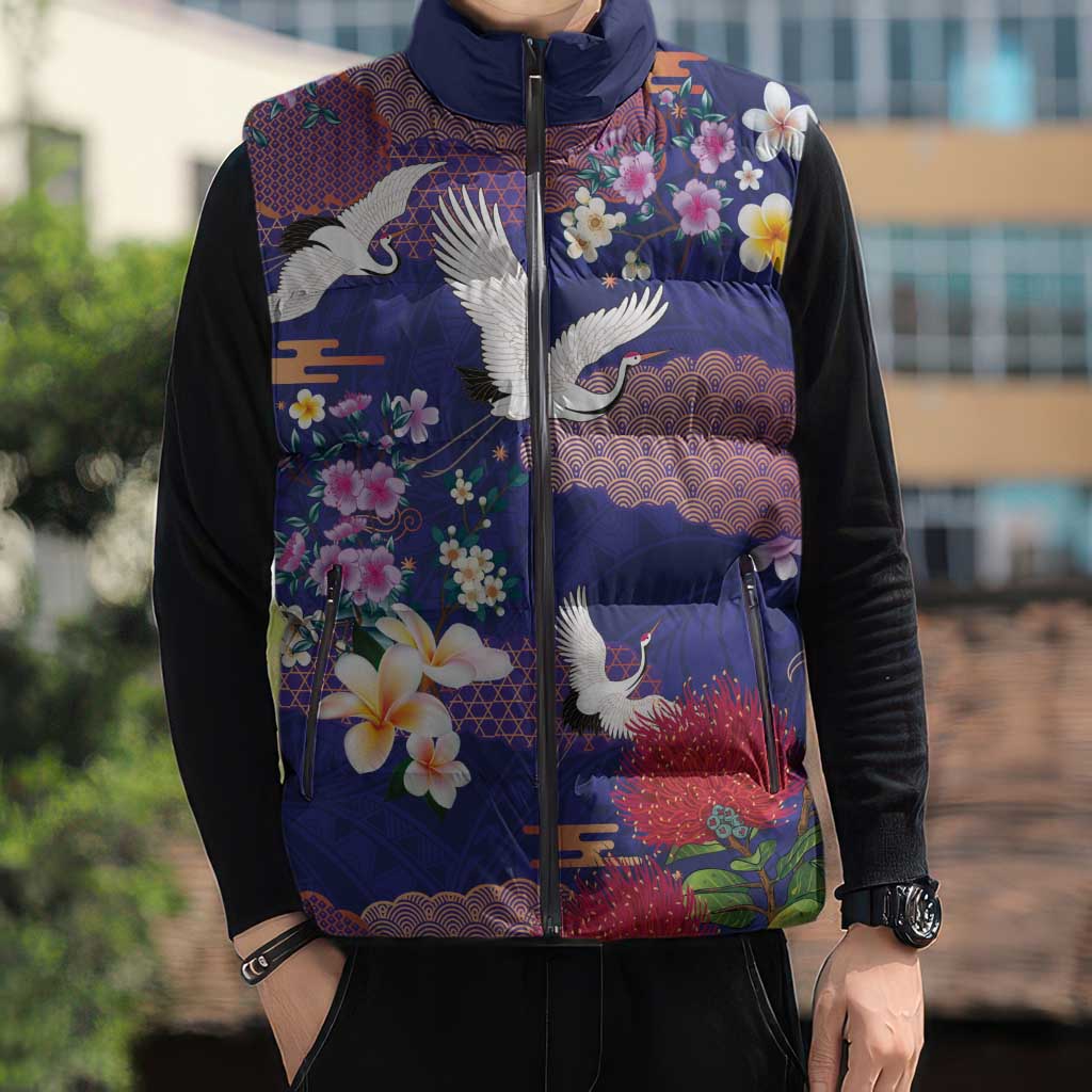 Hawaiian and Japanese Culture Together Sleeveless Puffer Jacket Blue Ohia Lehua Plumeria and Sakura Blooming - Polynesian Pride