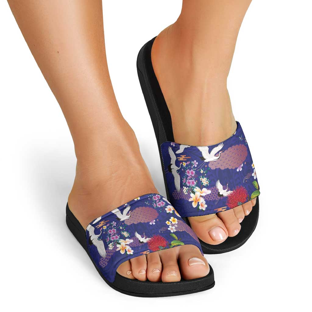 Hawaiian and Japanese Culture Together Slide Sandals Blue Ohia Lehua Plumeria and Sakura Blooming - Polynesian Pride