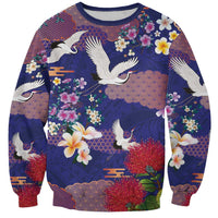 Hawaiian and Japanese Culture Together Sweatshirt Blue Ohia Lehua Plumeria and Sakura Blooming - Polynesian Pride