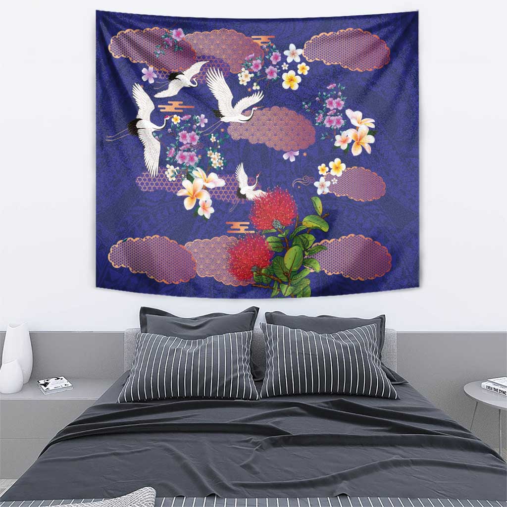 Hawaiian and Japanese Culture Together Tapestry Blue Ohia Lehua Plumeria and Sakura Blooming - Polynesian Pride
