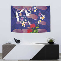 Hawaiian and Japanese Culture Together Tapestry Blue Ohia Lehua Plumeria and Sakura Blooming - Polynesian Pride