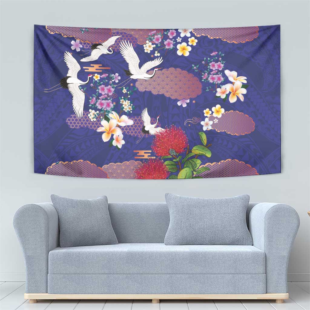 Hawaiian and Japanese Culture Together Tapestry Blue Ohia Lehua Plumeria and Sakura Blooming - Polynesian Pride