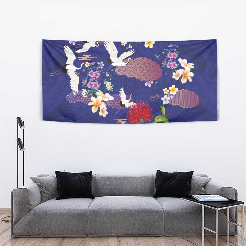 Hawaiian and Japanese Culture Together Tapestry Blue Ohia Lehua Plumeria and Sakura Blooming - Polynesian Pride