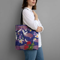 Hawaiian and Japanese Culture Together Tote Bag Blue Ohia Lehua Plumeria and Sakura Blooming - Polynesian Pride