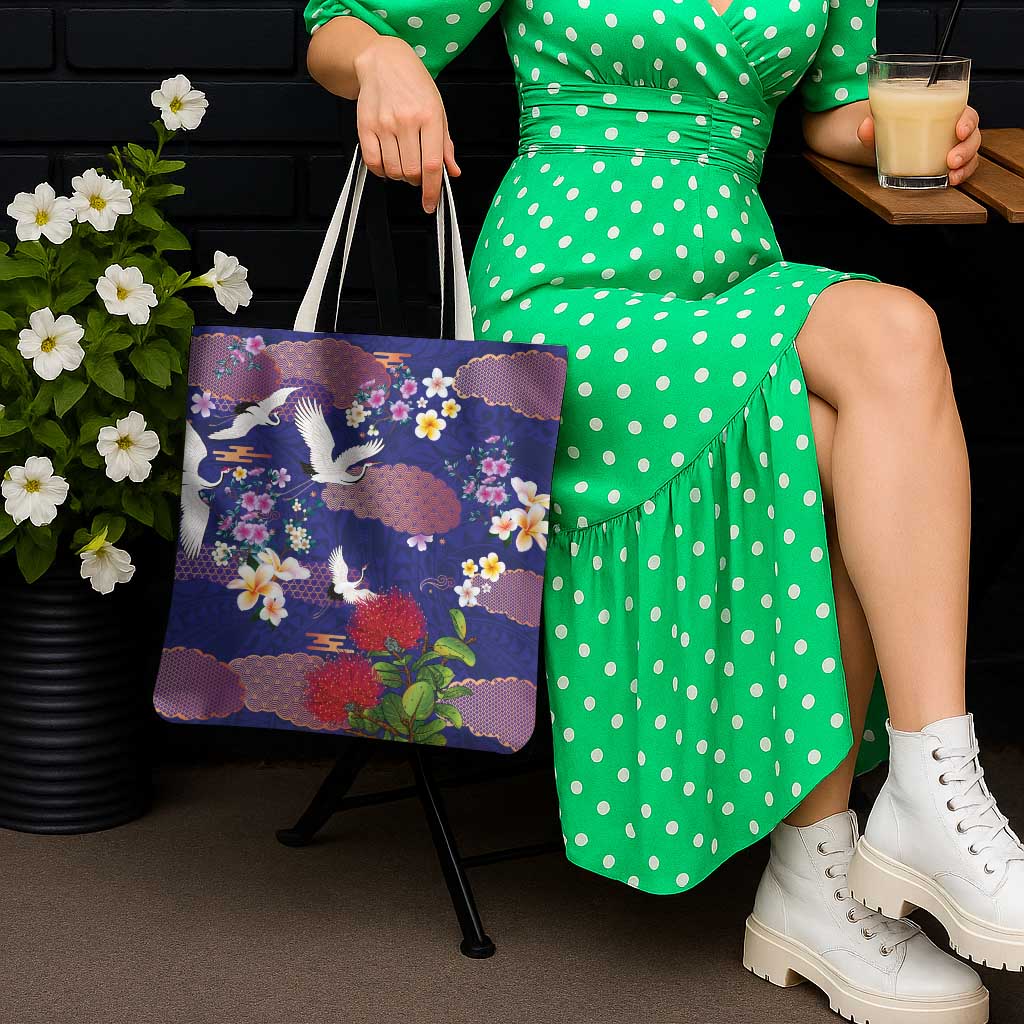 Hawaiian and Japanese Culture Together Tote Bag Blue Ohia Lehua Plumeria and Sakura Blooming - Polynesian Pride