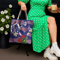 Hawaiian and Japanese Culture Together Tote Bag Blue Ohia Lehua Plumeria and Sakura Blooming - Polynesian Pride