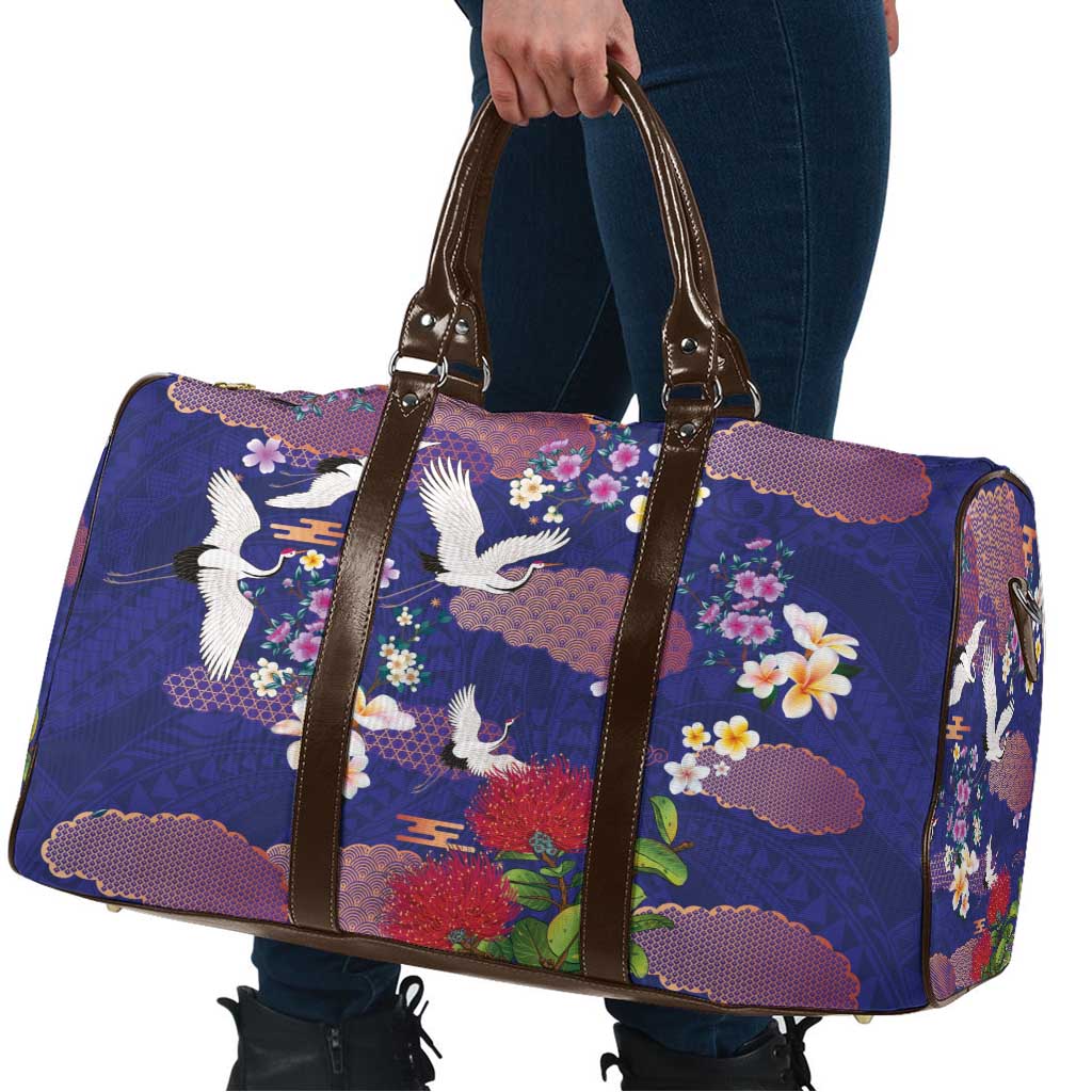 Hawaiian and Japanese Culture Together Travel Bag Blue Ohia Lehua Plumeria and Sakura Blooming - Polynesian Pride
