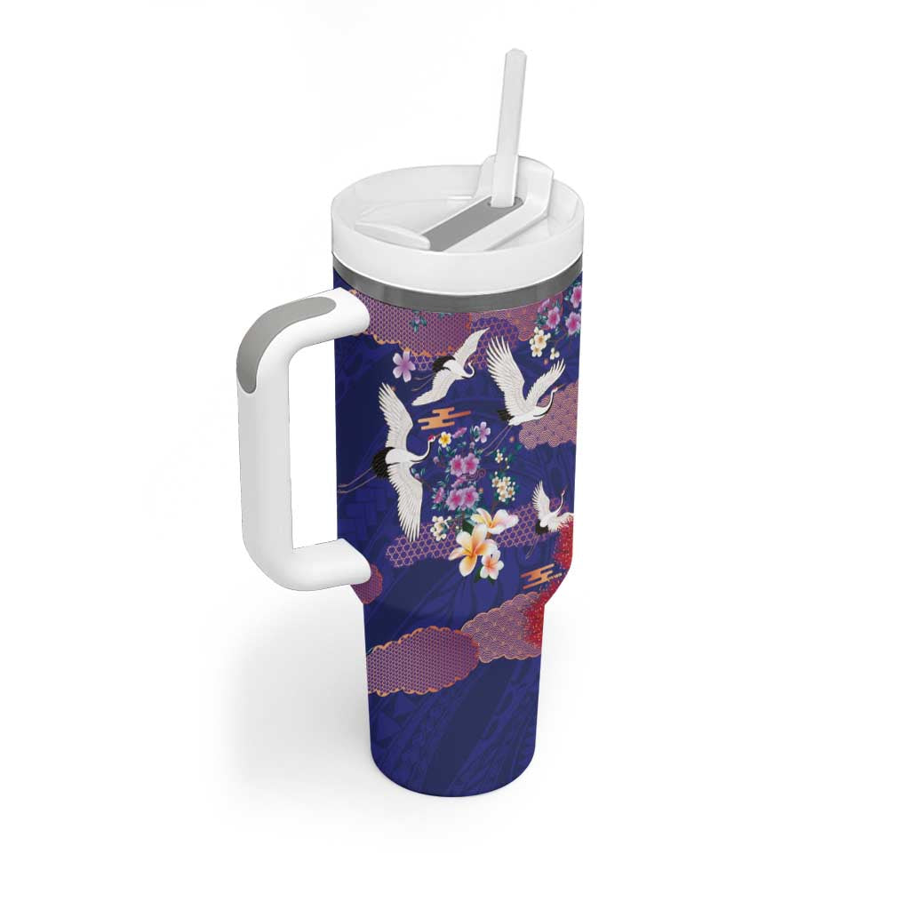Hawaiian and Japanese Culture Together Tumbler With Handle Blue Ohia Lehua Plumeria and Sakura Blooming - Polynesian Pride