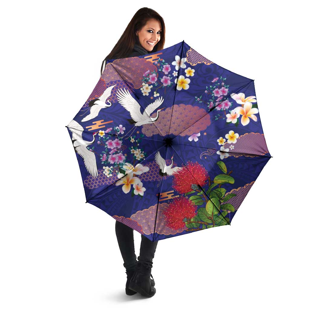 Hawaiian and Japanese Culture Together Umbrella Blue Ohia Lehua Plumeria and Sakura Blooming - Polynesian Pride