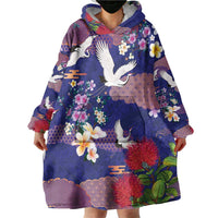 Hawaiian and Japanese Culture Together Wearable Blanket Hoodie Blue Ohia Lehua Plumeria and Sakura Blooming - Polynesian Pride