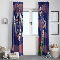 Hawaiian and Japanese Culture Together Window Curtain Blue Ohia Lehua Plumeria and Sakura Blooming - Polynesian Pride