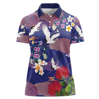 Hawaiian and Japanese Culture Together Women Polo Shirt Blue Ohia Lehua Plumeria and Sakura Blooming - Polynesian Pride
