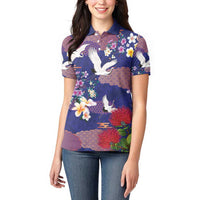 Hawaiian and Japanese Culture Together Women Polo Shirt Blue Ohia Lehua Plumeria and Sakura Blooming - Polynesian Pride
