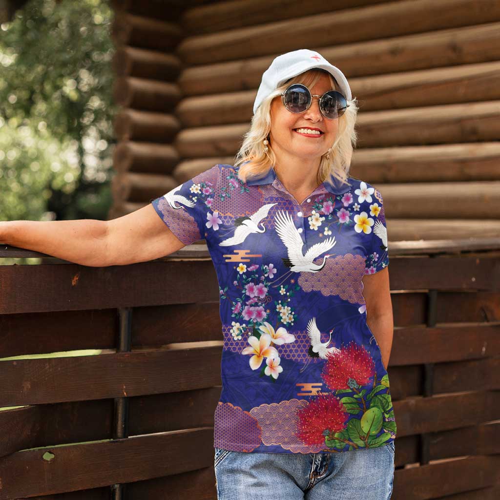 Hawaiian and Japanese Culture Together Women Polo Shirt Blue Ohia Lehua Plumeria and Sakura Blooming - Polynesian Pride