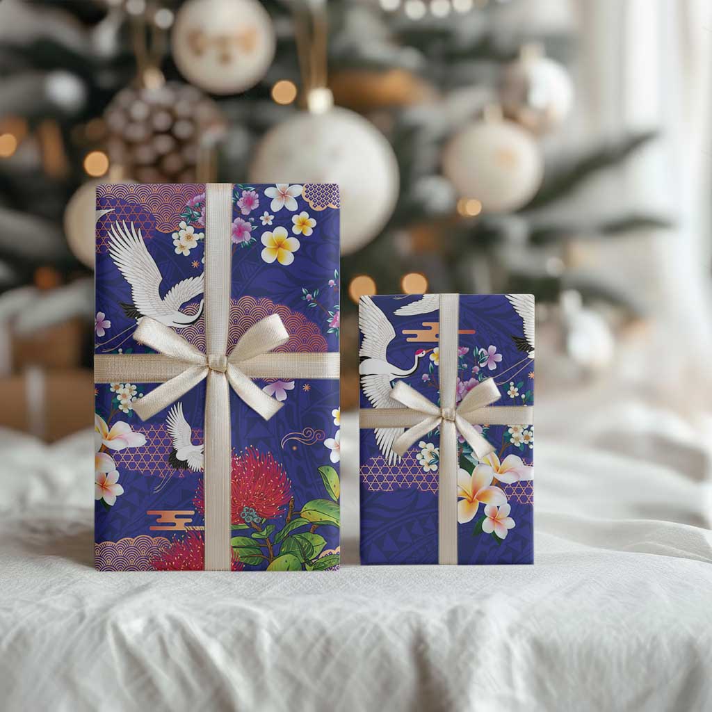 Hawaiian and Japanese Culture Together Wrapping Paper Blue Ohia Lehua Plumeria and Sakura Blooming LT03 - Polynesian Pride