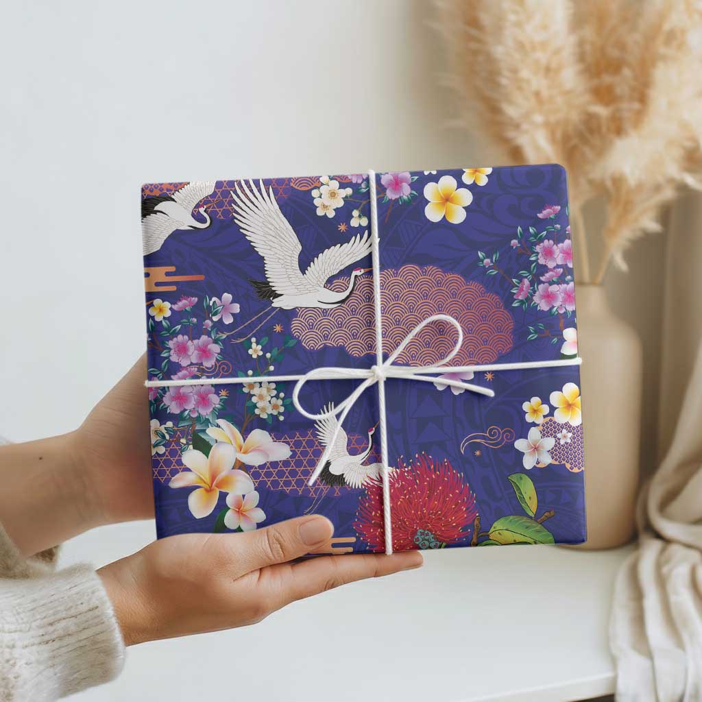 Hawaiian and Japanese Culture Together Wrapping Paper Blue Ohia Lehua Plumeria and Sakura Blooming LT03 - Polynesian Pride