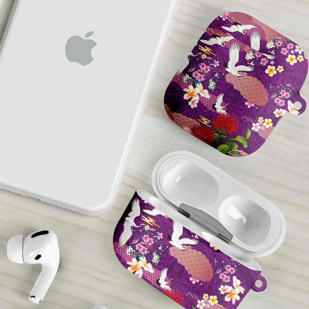 Hawaiian and Japanese Culture Together AirPods Case Purple Ohia Lehua Plumeria and Sakura Blooming - Polynesian Pride