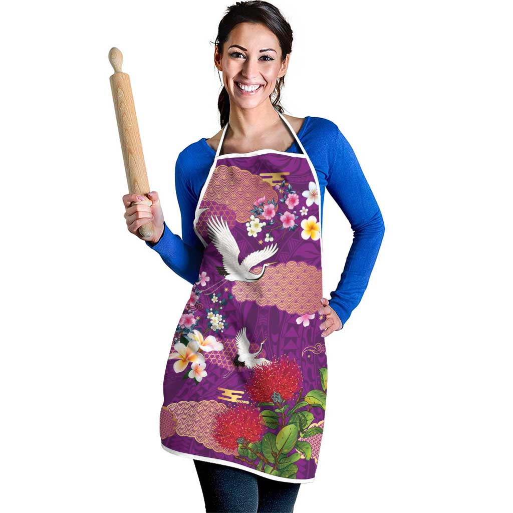 Hawaiian and Japanese Culture Together Apron Purple Ohia Lehua Plumeria and Sakura Blooming - Polynesian Pride