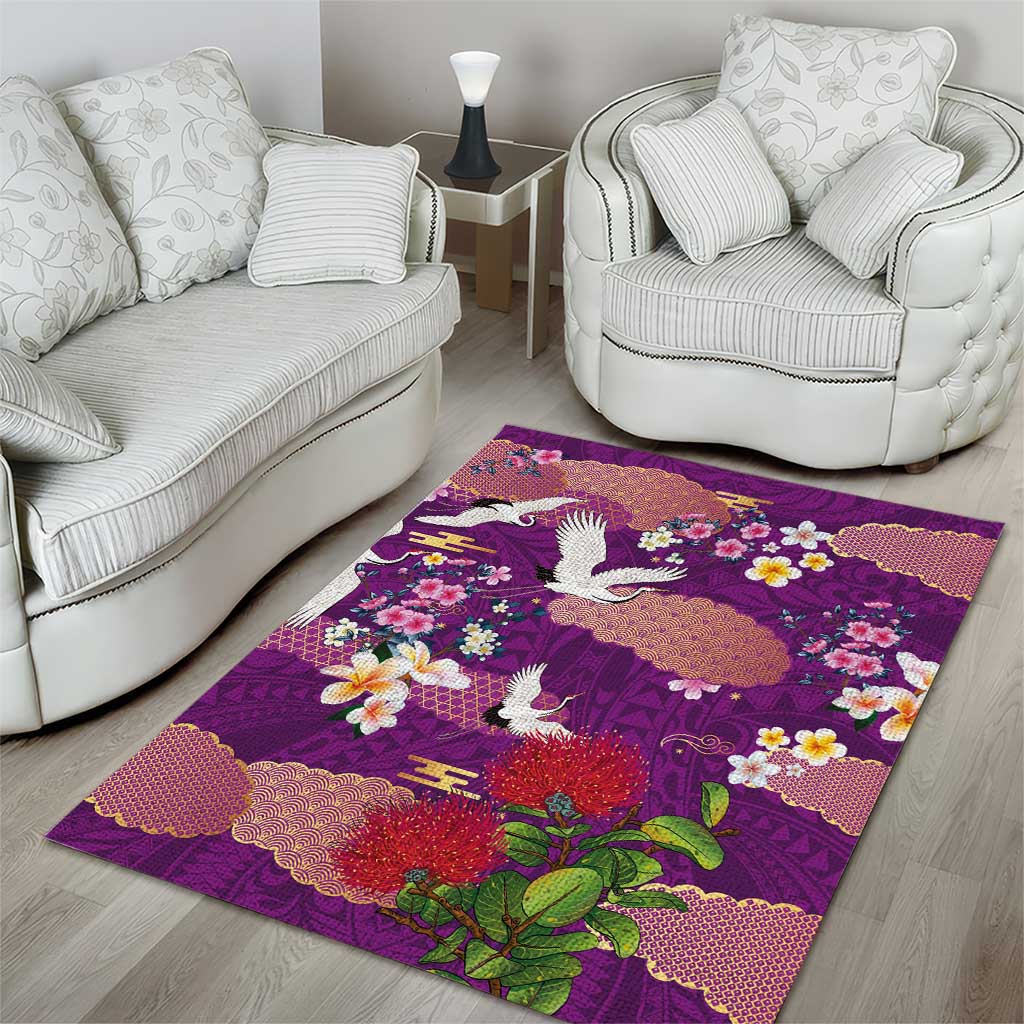 Hawaiian and Japanese Culture Together Area Rug Purple Ohia Lehua Plumeria and Sakura Blooming - Polynesian Pride
