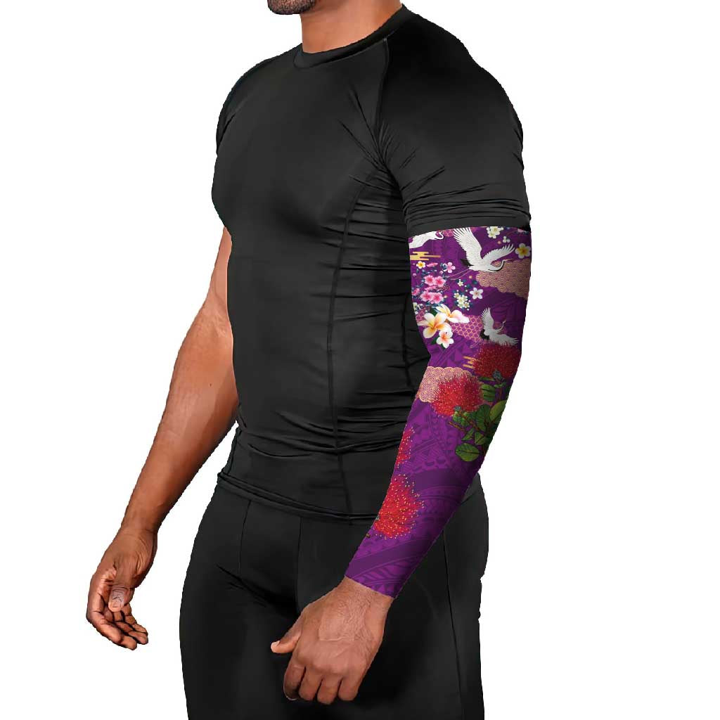 Hawaiian and Japanese Culture Together Arm Sleeves Purple Ohia Lehua Plumeria and Sakura Blooming - Polynesian Pride