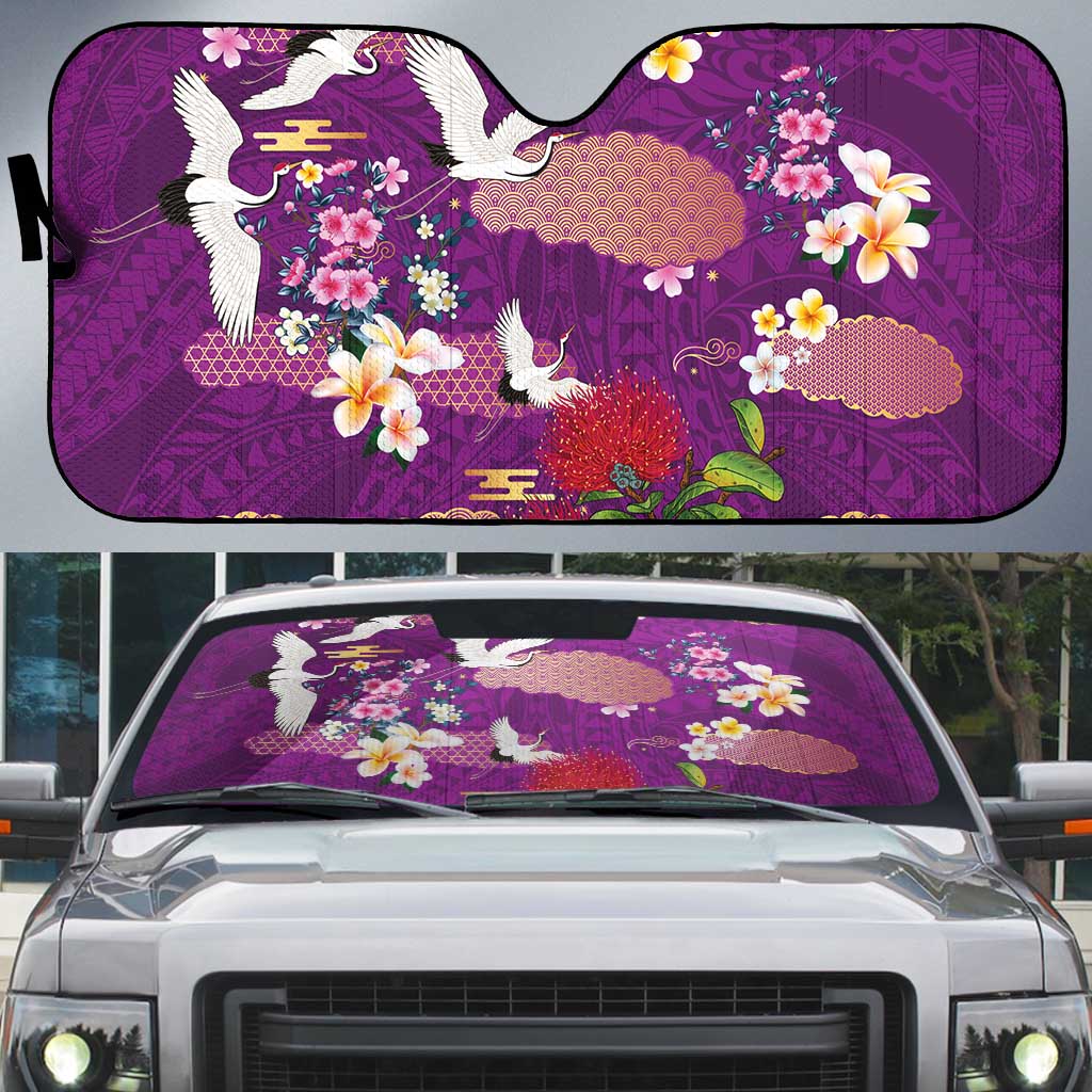 Hawaiian and Japanese Culture Together Auto Sun Shade Purple Ohia Lehua Plumeria and Sakura Blooming - Polynesian Pride