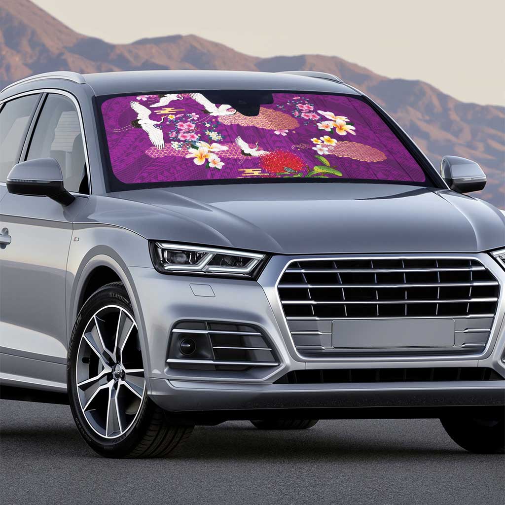 Hawaiian and Japanese Culture Together Auto Sun Shade Purple Ohia Lehua Plumeria and Sakura Blooming - Polynesian Pride