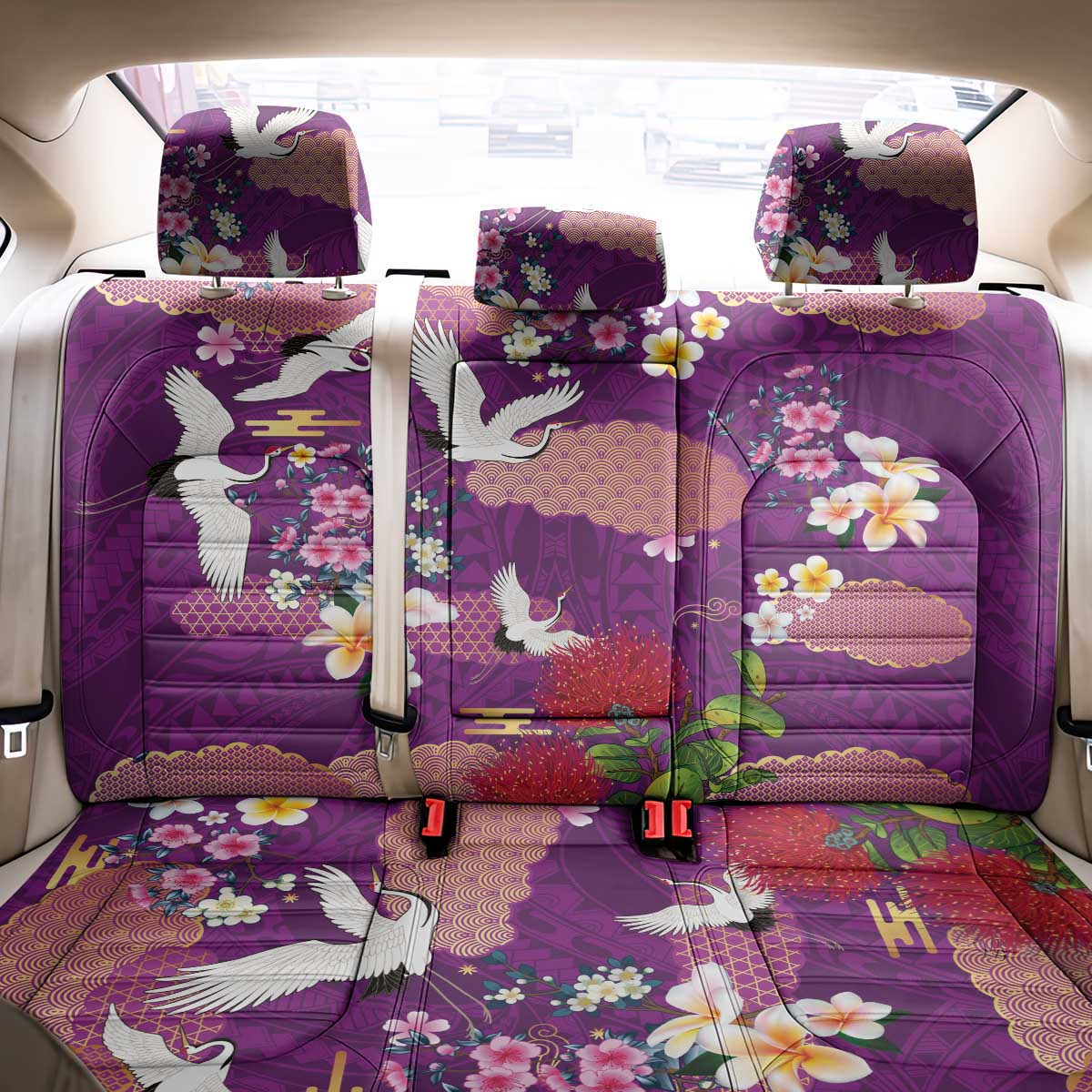 Hawaiian and Japanese Culture Together Back Car Seat Cover Purple Ohia Lehua Plumeria and Sakura Blooming - Polynesian Pride