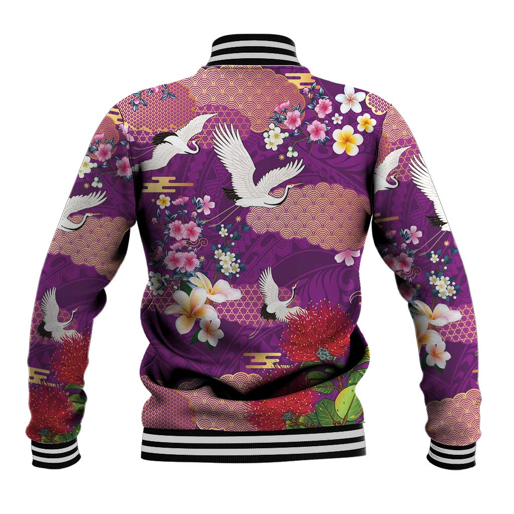 Hawaiian and Japanese Culture Together Baseball Jacket Purple Ohia Lehua Plumeria and Sakura Blooming - Polynesian Pride