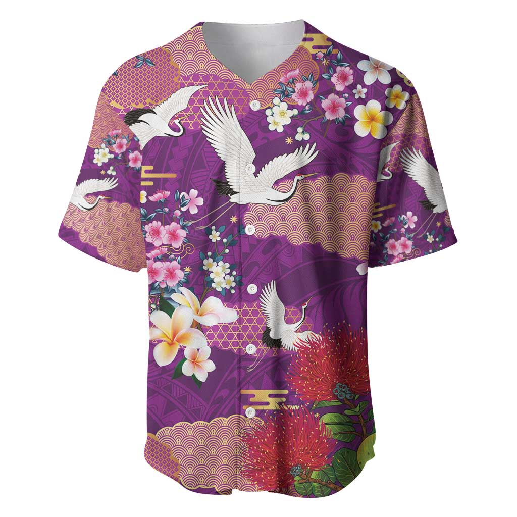 Hawaiian and Japanese Culture Together Baseball Jersey Purple Ohia Lehua Plumeria and Sakura Blooming - Polynesian Pride