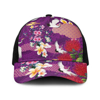 Hawaiian and Japanese Culture Together Baseball Net Cap Purple Ohia Lehua Plumeria and Sakura Blooming - Polynesian Pride