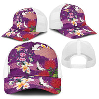 Hawaiian and Japanese Culture Together Baseball Net Cap Purple Ohia Lehua Plumeria and Sakura Blooming - Polynesian Pride
