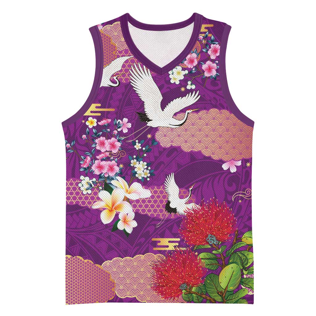 Hawaiian and Japanese Culture Together Basketball Jersey Purple Ohia Lehua Plumeria and Sakura Blooming - Polynesian Pride