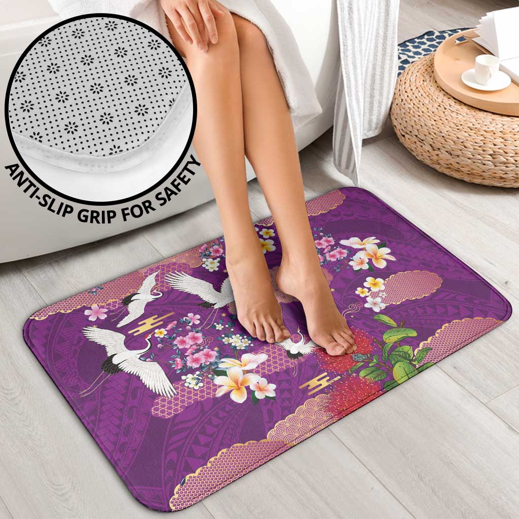 Hawaiian and Japanese Culture Together Bathroom Set Purple Ohia Lehua Plumeria and Sakura Blooming - Polynesian Pride