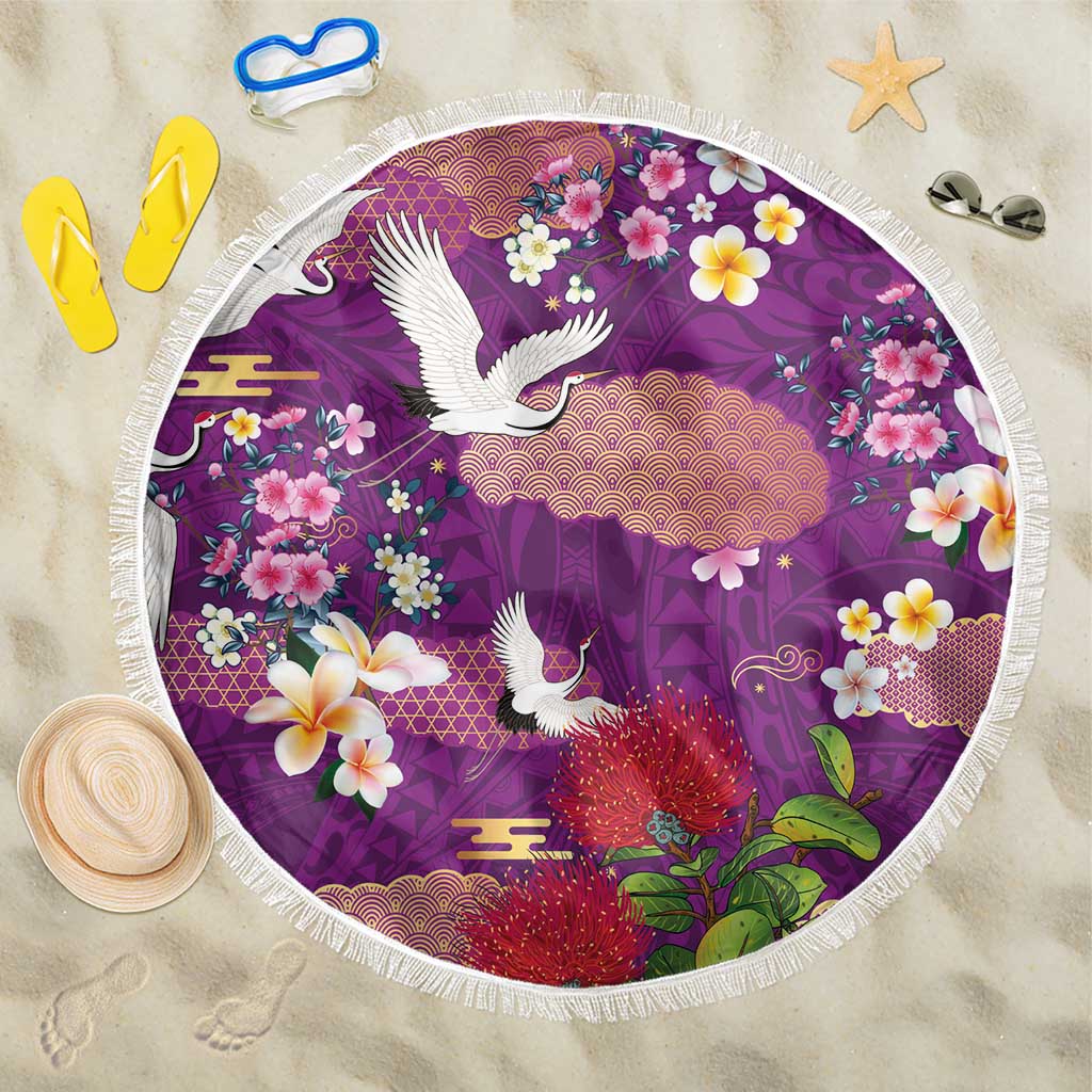 Hawaiian and Japanese Culture Together Beach Blanket Purple Ohia Lehua Plumeria and Sakura Blooming - Polynesian Pride