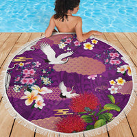 Hawaiian and Japanese Culture Together Beach Blanket Purple Ohia Lehua Plumeria and Sakura Blooming - Polynesian Pride