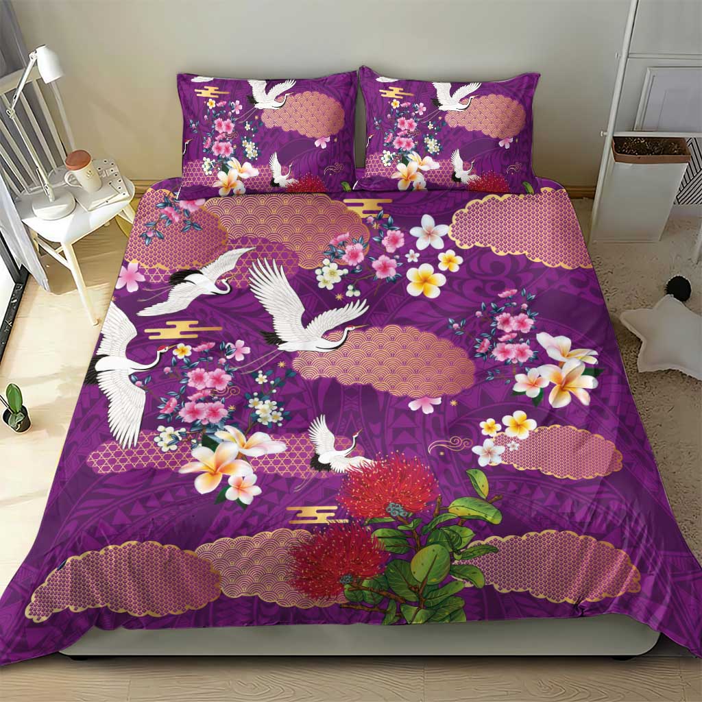 Hawaiian and Japanese Culture Together Bedding Set Purple Ohia Lehua Plumeria and Sakura Blooming - Polynesian Pride